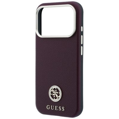 6. Guess MagSafe Hülle mit genarbtem, rundem Strass-Logo für iPhone 18 Pro Max / 17 Pro Max – Burgunderrot