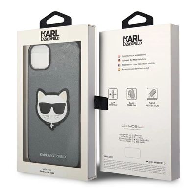 8. Karl Lagerfeld Saffiano Choupette Head Patch Hülle für iPhone 14 - Silber