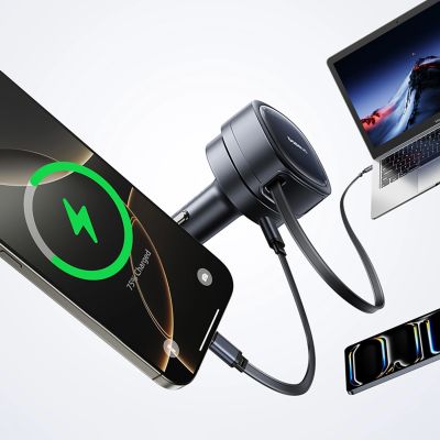 7. Baseus PrimeTrip VR1 60W USB-A/USB-C-Autoladegerät mit einziehbarem USB-C-Kabel – Schwarz