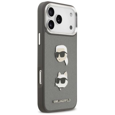 4. Karl Lagerfeld FW Grained Karl & Choupette Heads Pins & Logo iPhone 17 Pro Max Hülle - Grau