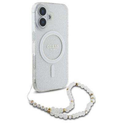 3. Guess IML Glitter With Pearl Strap MagSafe-Hülle für iPhone 16 Plus – transparent