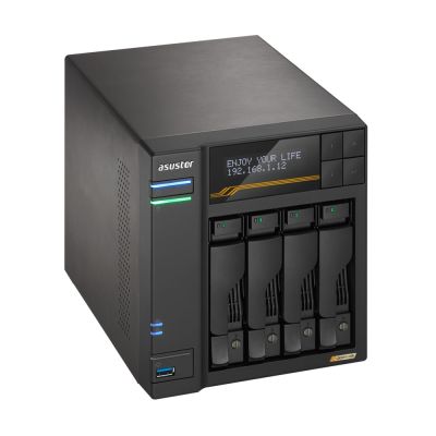 9. NAS Asustor AS6804T; Tower; 4x (3,5" SATA HDD/ 2,5" SSD); AMD Ryzen Embedded V3C14; 16 GB ECC DDR5 SODIMM (max. 64 GB), 2x 10GbE, 2x 5GbE, 4x M.2 2280 NVMe PCIe 4.0, 2x USB 4.0, 2x USB 3.2 Gen, 1x optionale 10GbE-Karte