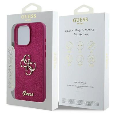 8. Guess Glitter Script Big 4G Hülle für iPhone 16 Pro – Lila