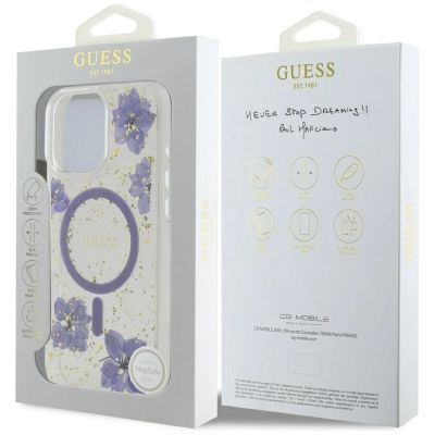 8. Guess Resin Flowers MagSafe Hülle für iPhone 16 Pro - Lila