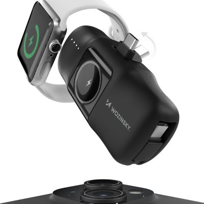 3. Wozinsky WF16-YCS 5000 mAh 15 W USB-C Mini-Powerbank mit integriertem USB-C-Kabel und Apple Watch Ladegerät – Schwarz