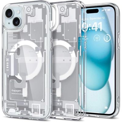 Spigen Ultra Hybrid Mag Case mit MagSafe für iPhone 15 Plus – Weiß (Zero One Pattern)