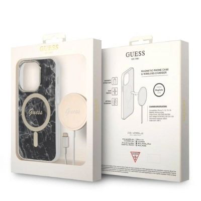 10. Set Guess GUBPP14LHMEACSK Hülle + Ladegerät iPhone 14 Pro 6.1" schwarz/schwarz Hartschale Marble MagSafe