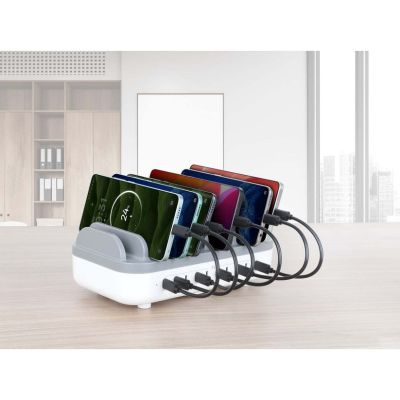 10. Manhattan 102766 Handy-Ladegerät für Mobiltelefone, Smartphones und Tablets, Weiß/Grau, internes Schnellladekabel