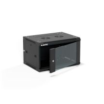 19" 6U 600x450 Wandschrank (optional zweiteilig), einflügelige Glastür, abnehmbare Rückwand, abnehmbare Seitenwände, abschließbar, 4 Träger, schwarz, zur Selbstmontage – Flatpack, ALANTEC
