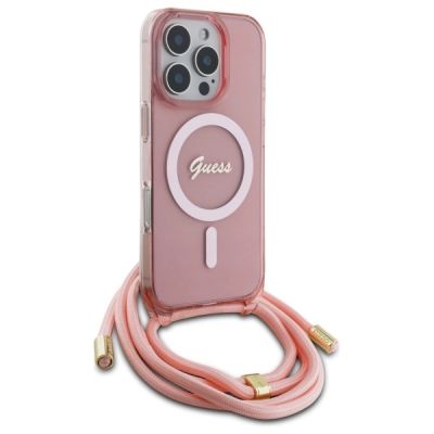 3. Guess Crossbody Cord Script MagSafe-Hülle für iPhone 16 Pro Max – Rosa
