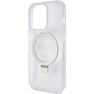 6. Guess Ring Stand Script Glitter MagSafe Hülle für iPhone 15 Pro – transparent