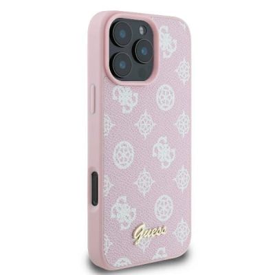 4. Guess MagSafe Hülle mit Pfingstrosen-Schriftzug für iPhone 16 Pro – Rosa