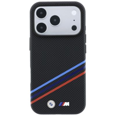 3. BMW M Quadrille Kevlar-Print, dreifarbige Linien & Metalllogo, MagSafe-Hülle für iPhone 18 Pro / 17 Pro – Schwarz