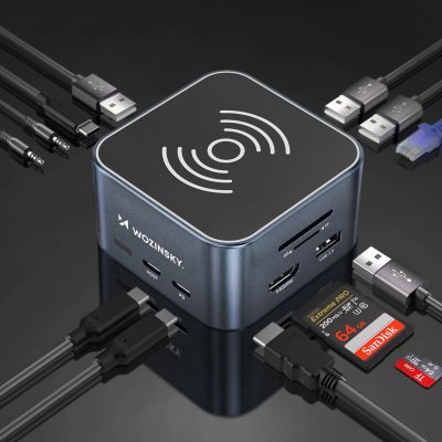 6. Hub USB-C 12 in 1 Wozinsky WHBC09Y8S multifunktional, mit kabelloser Ladefunktion, Aluminium, mit 15 cm Kabel - grau
