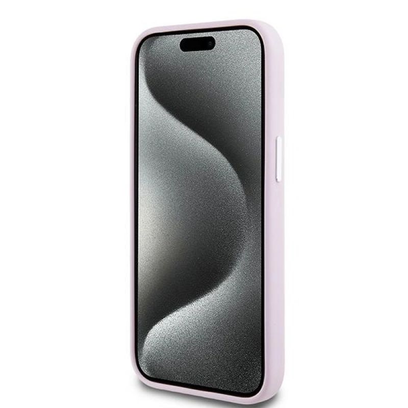 5. DKNY Flüssigsilikon-MagSafe-Hülle mit kleinem Metalllogo für iPhone 15 Plus / 14 Plus – Rosa
