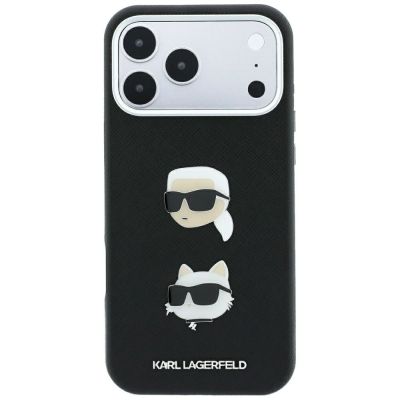 3. Karl Lagerfeld Saffiano Hülle mit Karl & Choupette Köpfen Pins & Logo für iPhone 18 Pro Max / 17 Pro Max - Schwarz