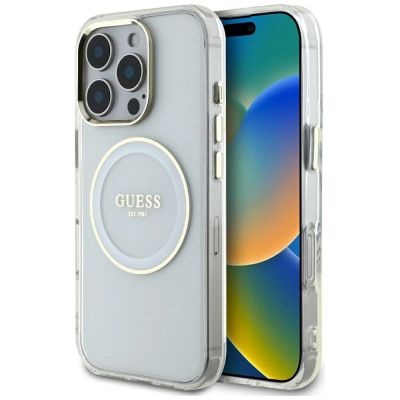Guess IML Metal Colored Circle Classic Logo MagSafe Hülle für iPhone 16 Pro Max - Weiß