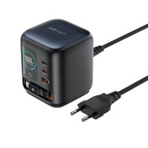 Acefast Z10 GaN 100W 3xUSB Desktop-Ladegerät mit einziehbarem USB-C-Kabel und TFT-Display – Schwarz