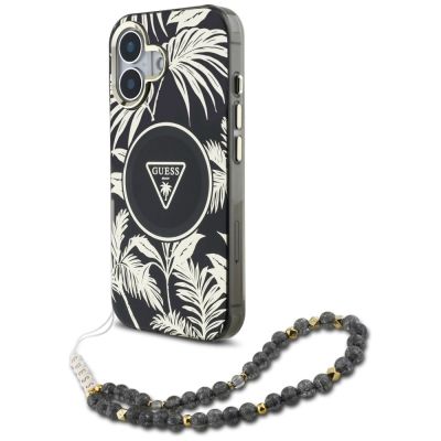 Guess Palm Trees Triangle Pearl Strap MagSafe iPhone 16 Hülle Schwarz