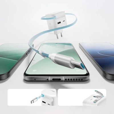 4. Cuktech AD653W 67W GaN 2x USB-C + USB-A Wandladegerät mit 70 cm einziehbarem USB-C-Kabel – Weiß