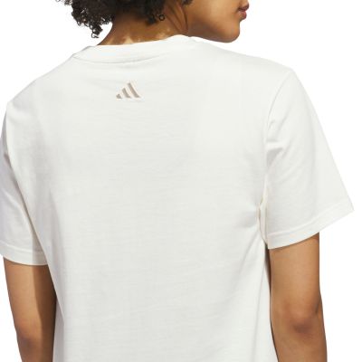 5. adidas Damen-T-Shirt mit kursivem Schriftzug-Grafikmuster, Weiß, KQ6404