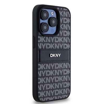 4. DKNY Lederhülle mit Monostreifen und Metalllogo für iPhone 15 Pro – Schwarz