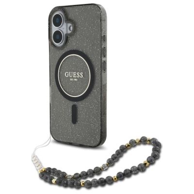 Guess IML Glitter With Pearl Strap MagSafe-Hülle für iPhone 16 – Schwarz