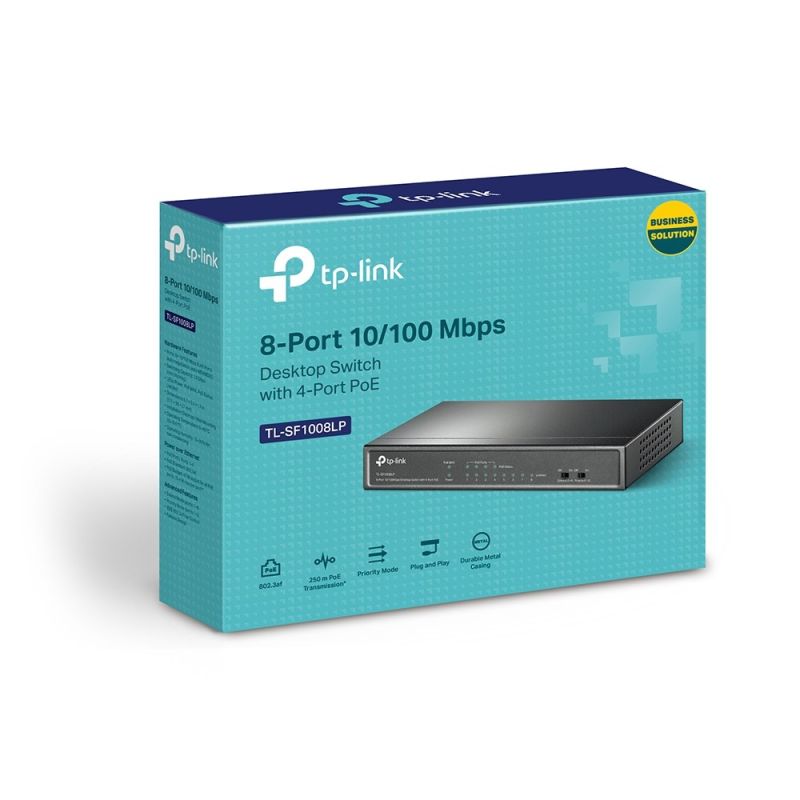 3. TP-LINK TL-SF1008LP Desktop-Switch, 8 Ports (10/100 Mbit/s, 4 Ports PoE), 8 RJ45-Ports (10/100 Mbit/s, 4 Ports PoE), Datenübertragung und Stromversorgung von Geräten über dieselben Kabel, Plug-and-Play-Installation, keine Konfiguration erforderlich