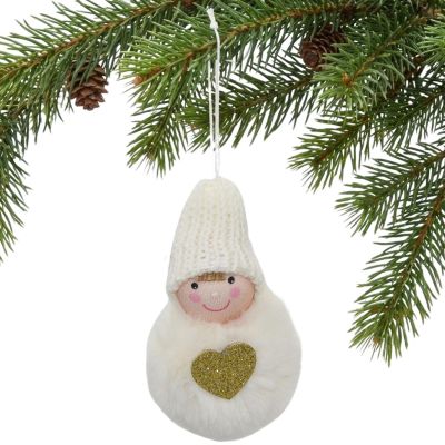 6. Dekorative Puppe mit Herz, 8 cm, mit Hut und Fell, weiß