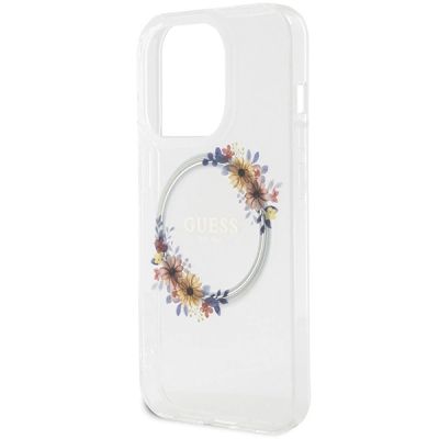 6. Guess IML Flowers Wreatch MagSafe Hülle für iPhone 15 Pro – transparent