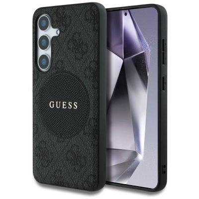 Guess 4G Round Patch Classic Logo MagSafe Hülle für Samsung Galaxy S25 Plus schwarz