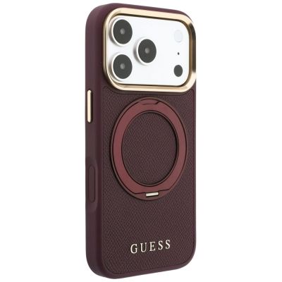 4. Guess Ring Stand 360 Grained Classic Logo MagSafe Hülle für iPhone 18 Pro Max / 17 Pro Max - Burgunderrot