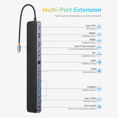 11. Baseus EliteJoy Gen2 Universal 12-in-1 USB HUB mit 25cm USB-C Kabel, Notebookständer, USB-A / USB-C / DP / HDMI / SD / TF / RJ45 / 3,5mm Klinke / PD 100W Grau (WKSX030213)