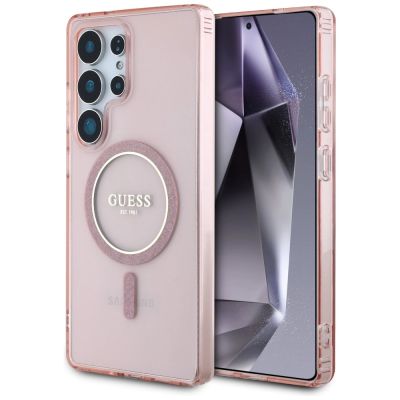 Guess Glitter Circle Classic Logo MagSafe Hülle für Samsung Galaxy S25 Ultra rosa