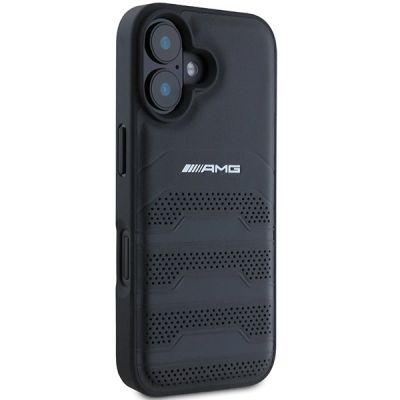 4. AMG Lederhülle mit geprägten Linien und schwarzem Logo für iPhone 16 - schwarz