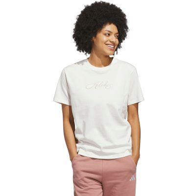 adidas Damen-T-Shirt mit kursivem Schriftzug-Grafikmuster, Weiß, KQ6404