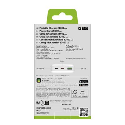 3. Powerbank SBS TTBB20000PD20W 20000 mAh 20W Power Delivery mit MicroUSB, USB-C, USB-A – Weiß
