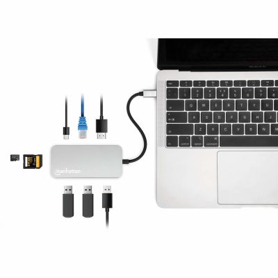 7. MANHATTAN 8-in-1 USB-C Dockingstation mit USB 3.2 Gen 1 Power Delivery, Typ-C Stecker auf HDMI Buchse, drei USB-A Anschlüssen, Gigabit RJ45 Anschluss, USB-C Power Delivery Anschluss, SD/MicroSD Kartenleser, Aluminium, Space Grau (13061)