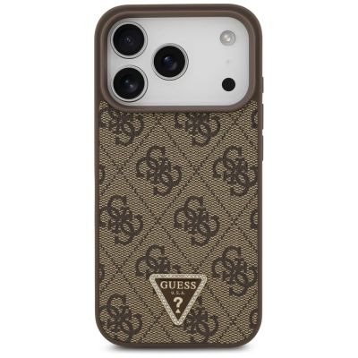 3. Guess Leder 4G Dreieck Strass MagSafe Hülle für iPhone 18 Pro / 17 Pro - Braun