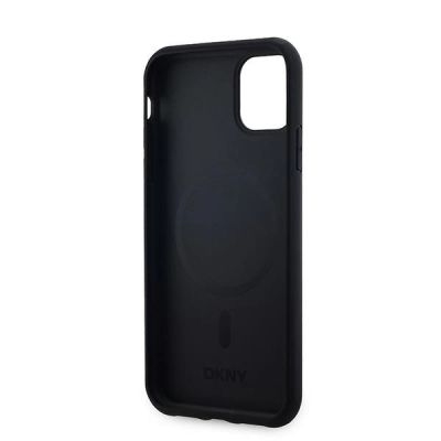 7. DKNY Leder-MagSafe-Hülle mit kariertem Monomuster für iPhone 11 / Xr – Schwarz