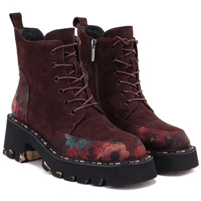 4. Damen-Lederstiefeletten mit Blumen, bordeauxrot, Artiker 59C0248