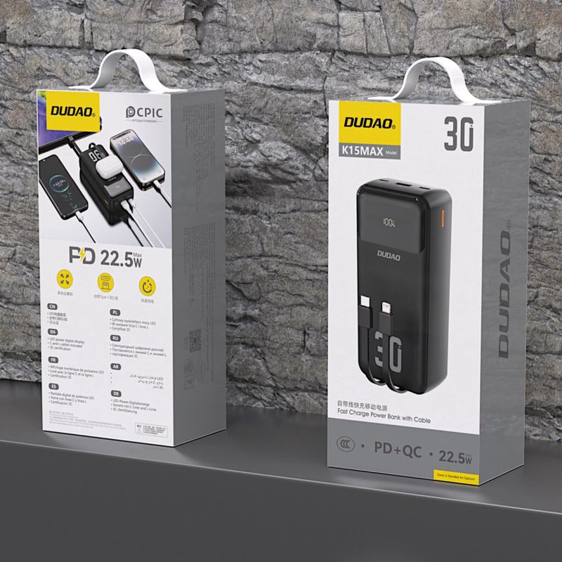 2. Dudao K15MAX 30000mAh PD 22.5W Powerbank mit integrierten Kabeln - Schwarz