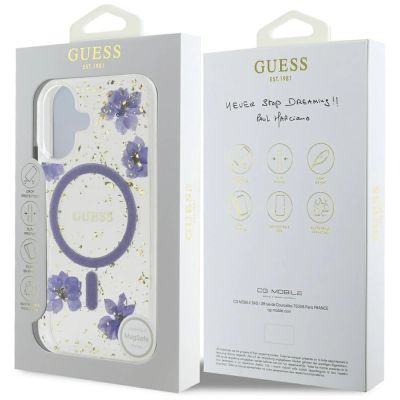 8. Guess Resin Flowers Glitter MagSafe Hülle für iPhone 16 - Lila