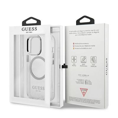 8. Guess Metal Outline MagSafe Hülle für iPhone 13 Pro / iPhone 13 – Silber