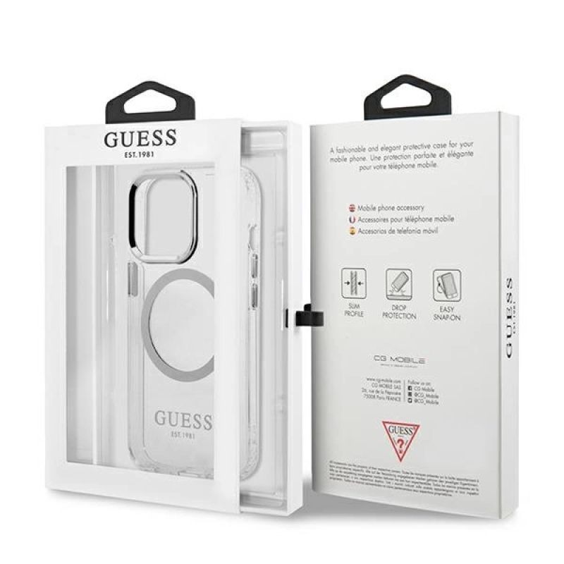 8. Guess Metal Outline MagSafe Hülle für iPhone 13 Pro / iPhone 13 – Silber