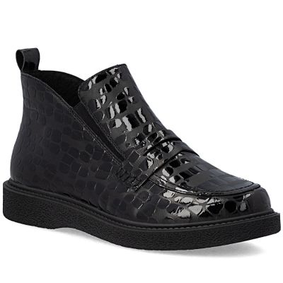 Damen-Ankle-Boots aus Lackleder, Krokodilmuster, schwarz, Rieker 71150-00