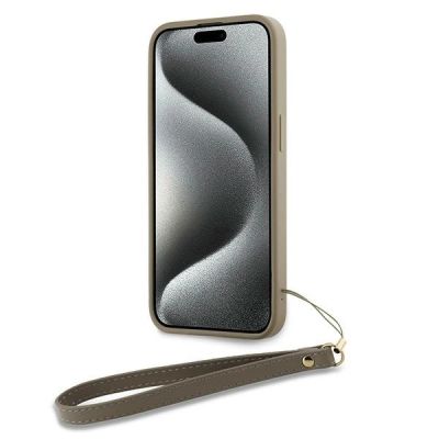 4. DKNY Wrist Strap Stock Logo Hülle für iPhone 15 Pro – Beige