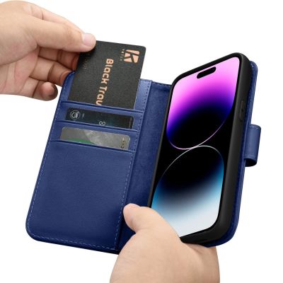 15. iCarer Wallet Case 2in1 Cover iPhone 14 Pro Max Leder Flip Case Anti-RFID blau (WMI14220728-BU)