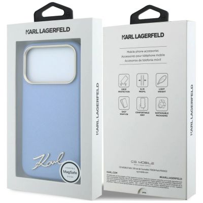 8. Karl Lagerfeld Saffiano MagSafe Hülle mit kleinem Schriftzug und Metalllogo für iPhone 17 Pro / 18 Pro – Hellblau