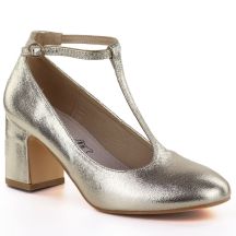 Glänzende goldene Pumps mit Riemen am Blockabsatz Mascara 834283